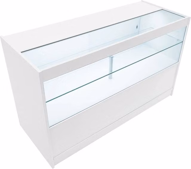 Bancone LED Bianco C1500 con Vetrina, 3 Ripiani e Ante Scorrevoli Bloccabili
