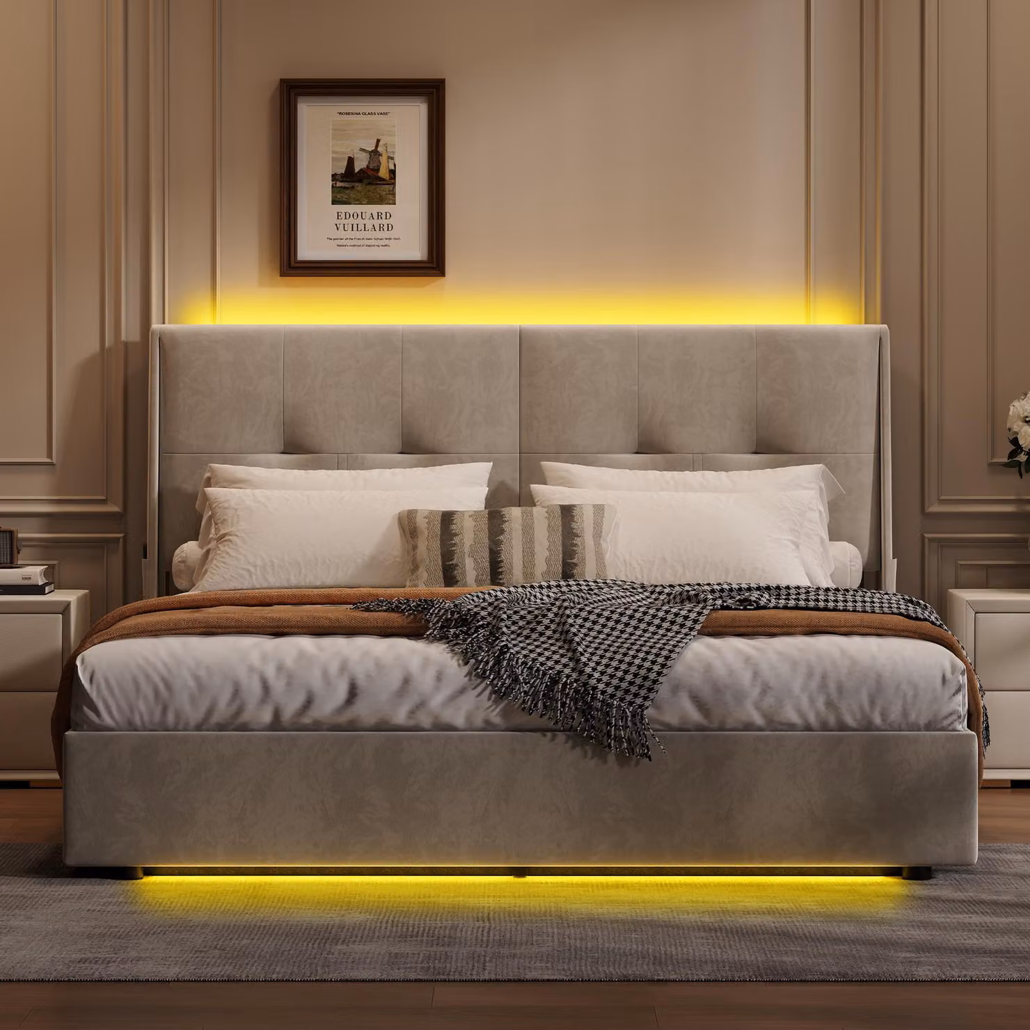 Letto imbottito ProximaX 140x200cm con rete a doghe, LED, letto a molle idrauliche con rete e contenitore, letto matrimoniale in velluto con contenitore letto funzionale, beige