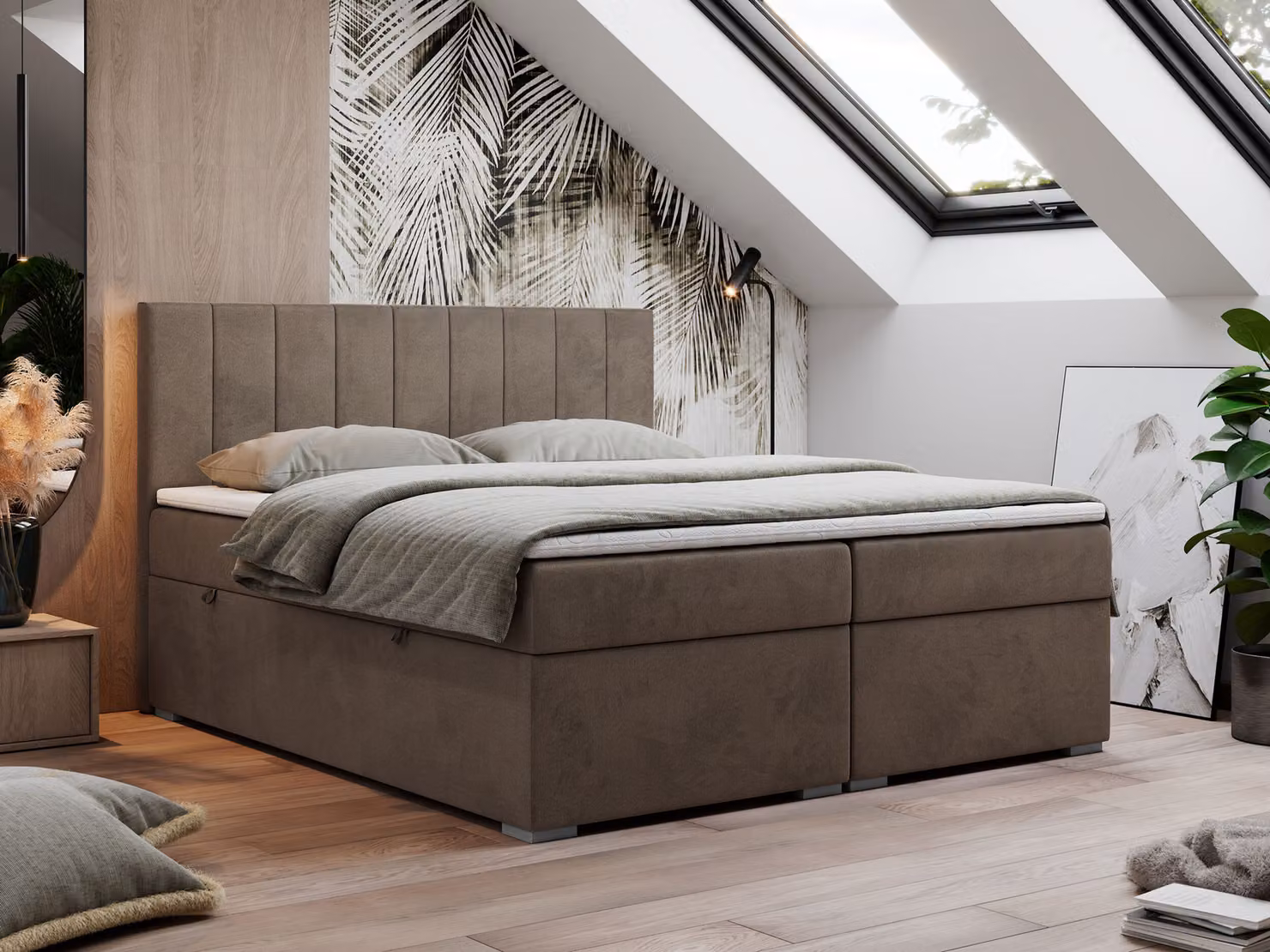 Letto boxspring 160x200, letto 160x200 con materasso e coprimaterasso, letto boxspring con cassetti, letto matrimoniale - LOPE - 160x200 - Marrone - Velvet - H4