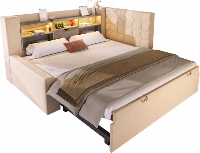 Letto divano Tynqer beige con letto estraibile, illuminazione LED, porte USB e USB-C e ripiani laterali, L: 90 cm, P: 200 cm, H: 107 cm