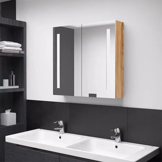 Armadietto da bagno Design Mania con specchio e illuminazione LED in rovere marrone, L: 62 cm, H: 60 cm, P: 14 cm – 1