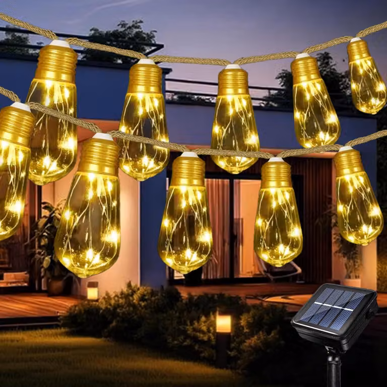 Catena luminosa solare, 6,5 metri, 80 LED, corda di canapa, 10 lampadine, 8 modalità, grado di protezione IP65