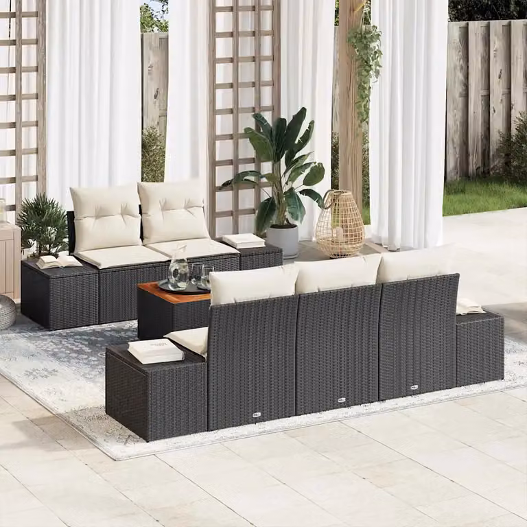 Set Divano da Giardino a L vidaXL in Polyrattan Nero con Cuscini e Tavolino da Esterno