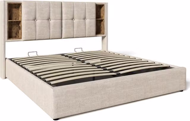 Letto contenitore matrimoniale 160×200 cm con ricarica wireless, USB e type-c, materasso incluso, lino, naturale
