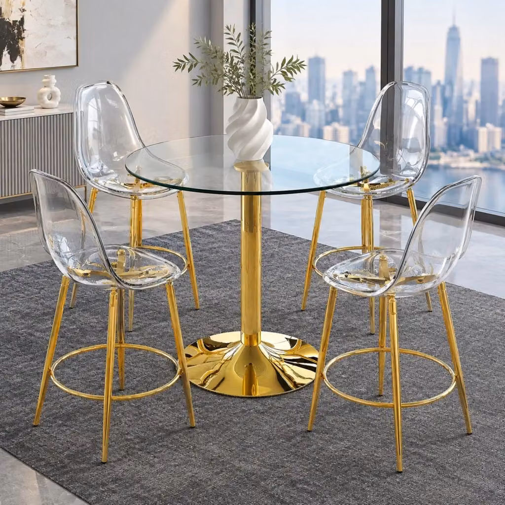 Set tavolo da bar Mivray con 4 sgabelli, tavolo rotondo in vetro trasparente e struttura in metallo dorato per cucina e sala da pranzo – 2