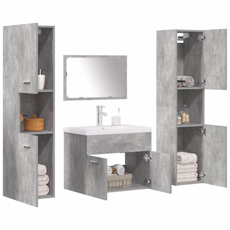 Set di mobili da bagno vidaXL 5 pezzi in legno e vetro, colore grigio e bianco, design moderno con mobile sottolavabo, pensili e specchioio