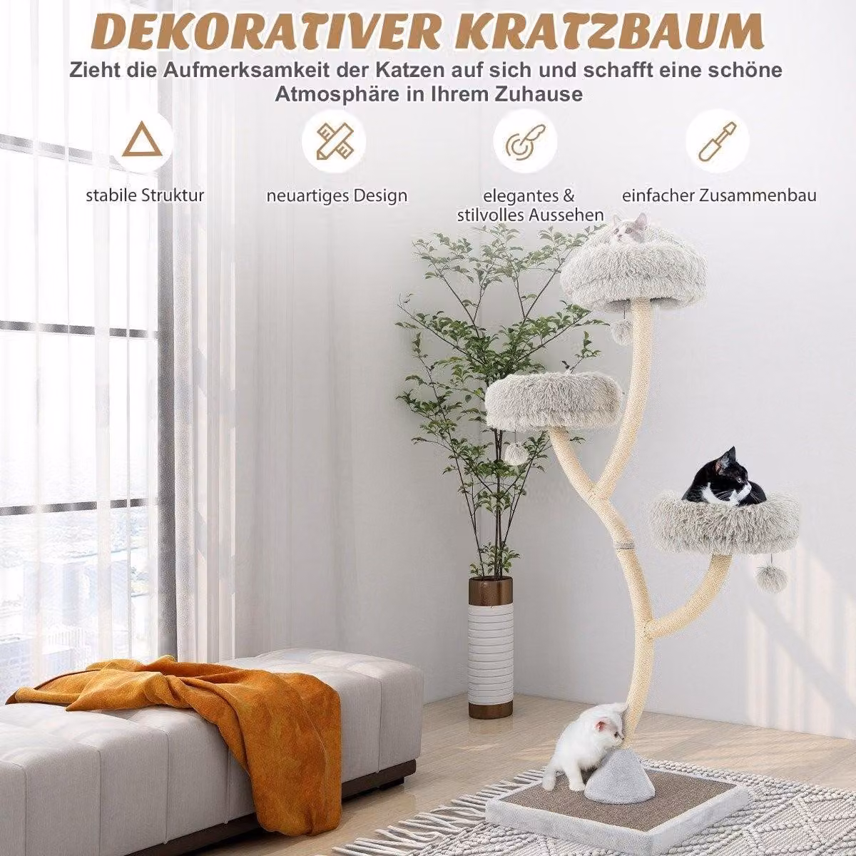 Tiragraffi per gatti da 178 cm con tiragraffi in sisal, 3 superfici calde e palline di peluche grigie