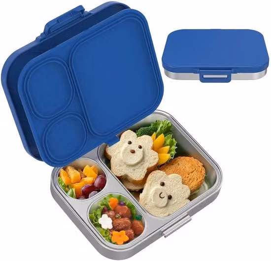Lunchbox Snack Box per Bambini in Acciaio Inox, Impermeabile e Lavabile in Lavastoviglie, Colore Argento e Blu