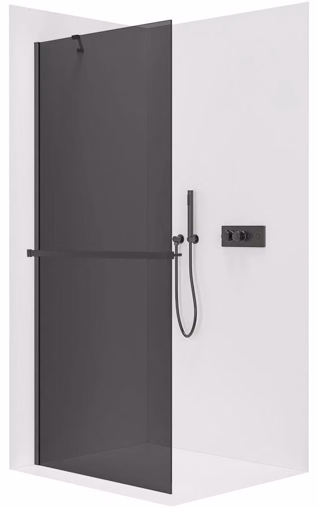 CERANO - Box doccia Walk-in Onyx Y L/P - 10 mm + mensola/portasciugamani - nero opaco, vetro grafite - 110x200 cm