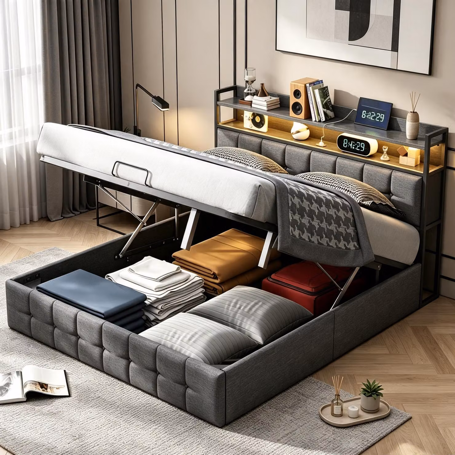 Letto imbottito 160x200 cm, letto matrimoniale con LED e USB, letto con sistema di sollevamento idraulico e spazio contenitivo nella testiera, letto per ragazzi, struttura letto con rete a doghe, lino, grigio