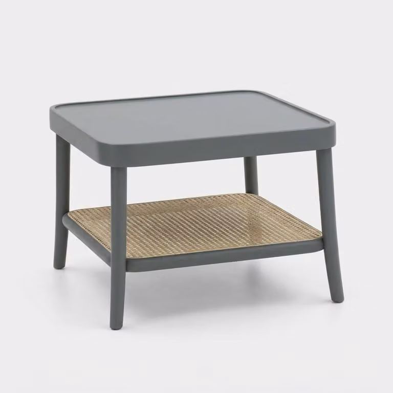 Tavolino quadrato in legno laccato con ripiano in vimini viennese Thomas - Grigio