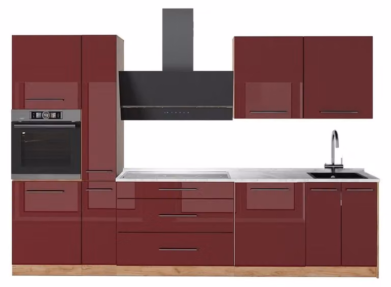Cucina componibile Vicco Fame-Line Bordeaux lucido/Rovere dorato 310 cm, PL Marmo, Model 64306