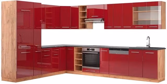 Cucina angolare completa Fame-Line Vicco in Bordeaux lucido e Rovere dorato con piano antracite, L: 347 cm, P: 257 cm