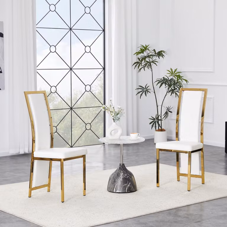 Set di 2 sedie da pranzo, con bordo decorativo, rivestite in PU, struttura in metallo, altezza 109 cm, versatili (bianco e oro)