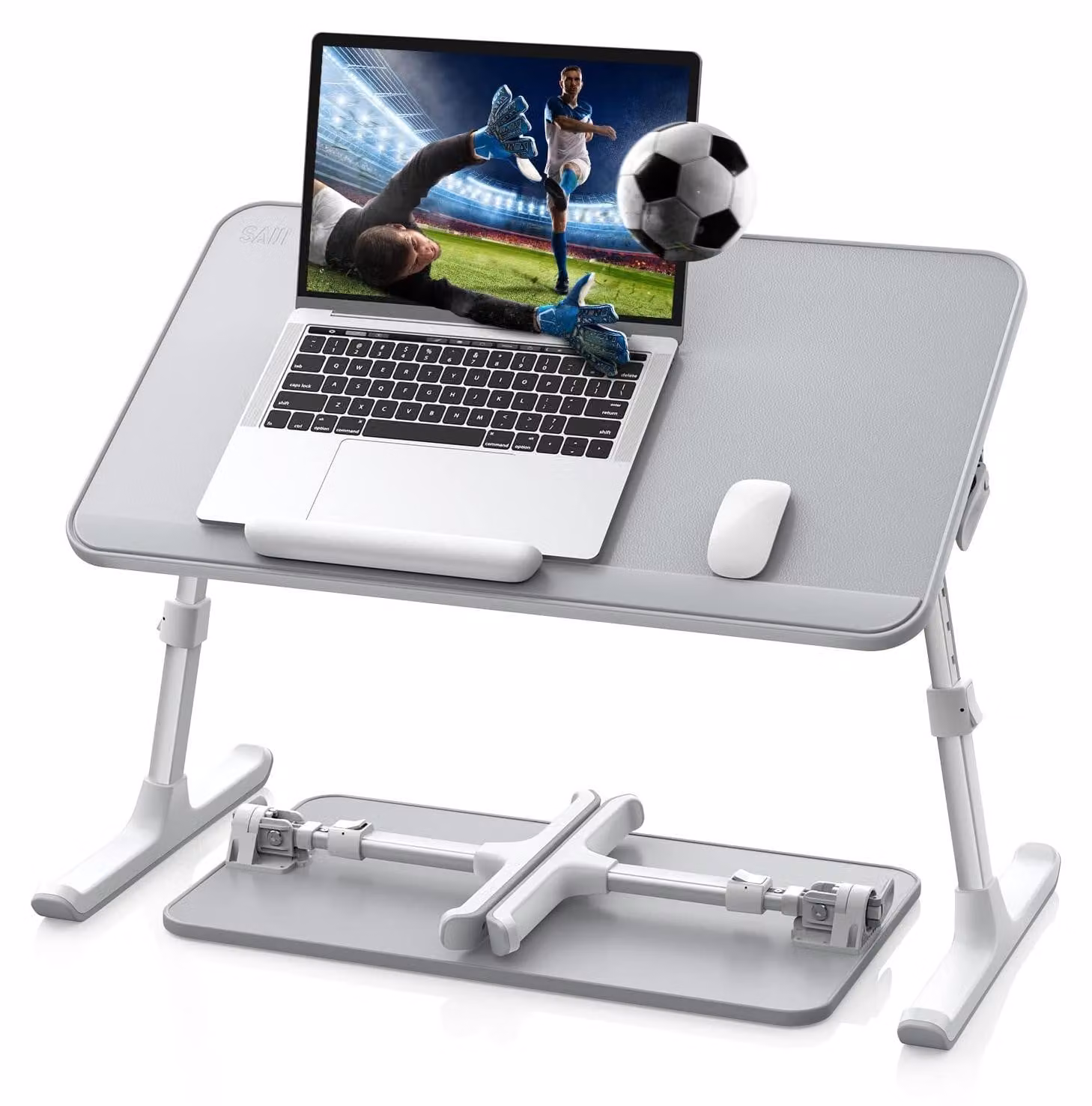 Omgoods - Scrivania portatile per laptop, ideale per l'ufficio - Realizzata in pelle sostenibile - Regolabile in altezza e inclinazione - Adatta per laptop da 17 pollici - Grigia