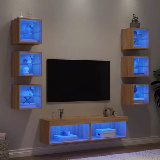 Mobili TV a Muro con LED 8pz-Set di 8 Credenza per TV sospesa Rovere Sonoma Legno Multistrato 803348