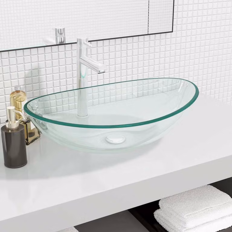 vidaXL Lavandino da appoggio in vetro temperato ovale, Trasparente, L: 54,5 cm, P: 35,0 cm, H: 15,5 cm