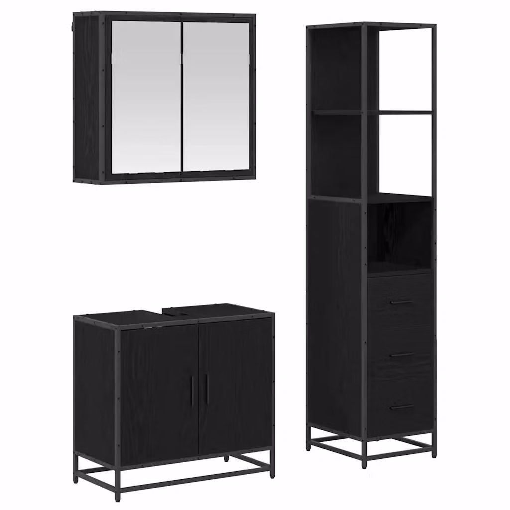 Set di mobili per il bagno moderno vidaXL in 3 pezzi, Rovere e Nero, con mobile sottolavabo e armadietto con specchio, L/P/H: 166 x 62,08 x 65 cm – 2