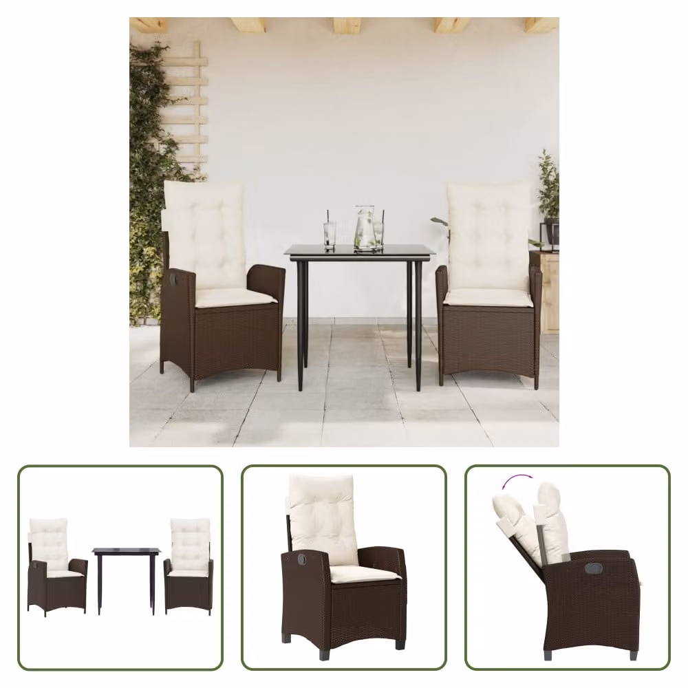 The Living Store Set da pranzo da giardino in 3 pezzi con cuscini in poly rattan marrone