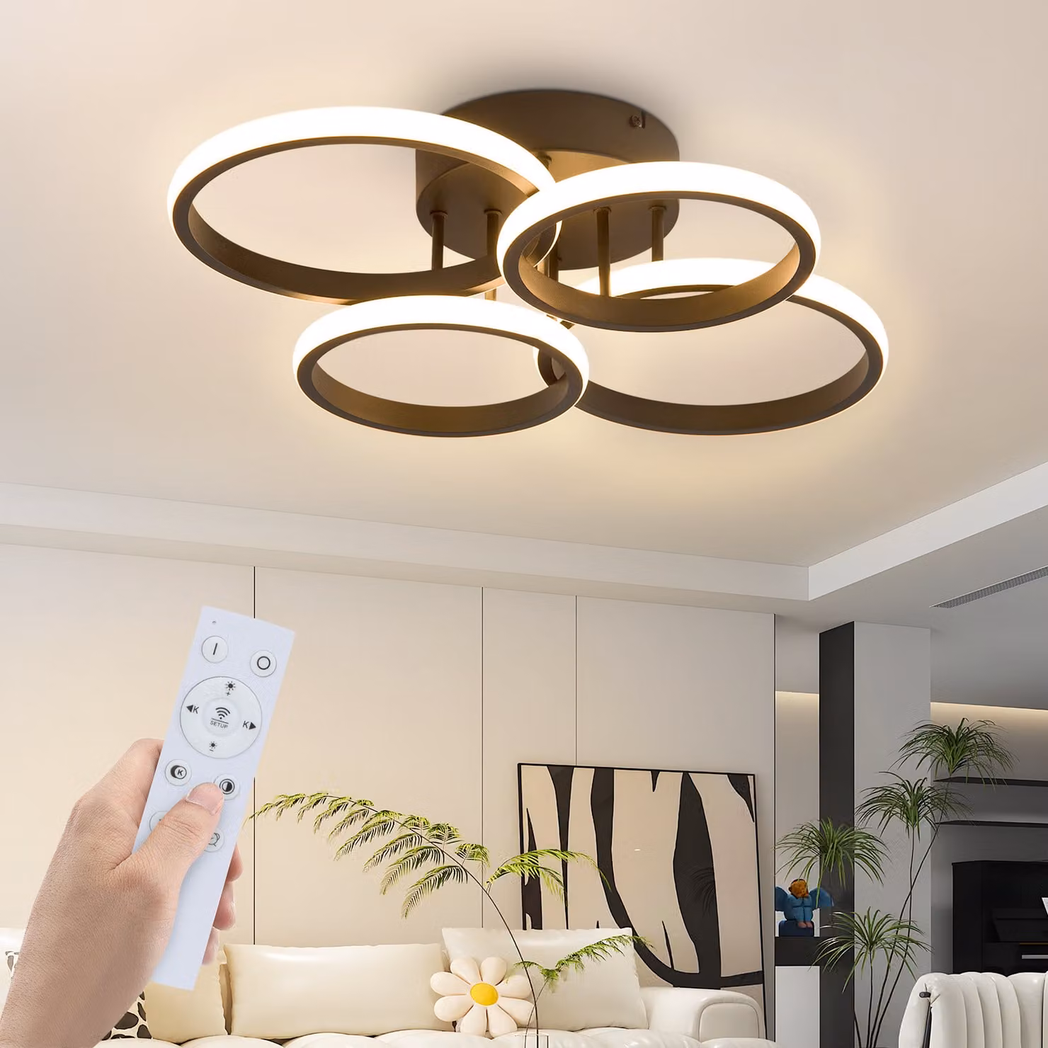 ZMH Lampada da soffitto LED Plafoniera Soggiorno Dimmerabile Lampada Soggiorno Moderna Nera 48W Lampada da Camera da Letto 55cm Design Illuminazione da Soffitto Lampada da Cucina a 4 Anelli con Telecomando per Casa Appartamento
