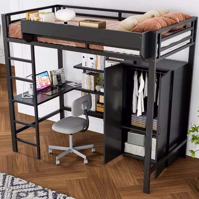 Letto a soppalco singolo 90 × 200 cm con scrivania, armadio e ripiani, senza materasso, metallo nero