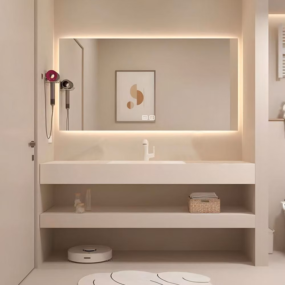 Lavabo con specchio a LED Lavabo in pietra sinterizzata con ripiano Beige 110*55 cm 【CB303-110】