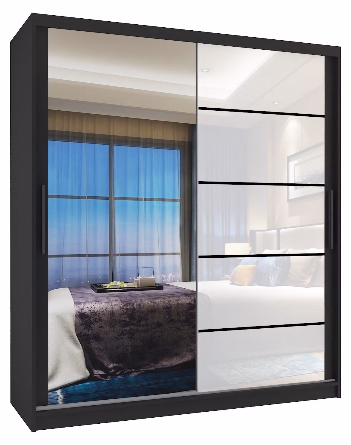 BELINI Verona, armadio scorrevole da 133 cm, nero/bianco lucido - armadio con specchio e 2 cassetti, ideale per la camera da letto