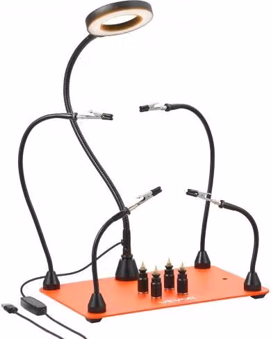 Stazione di Saldatura Magnetica VEVOR con 4 Bracci Flessibili, Lampada d'Ingrandimento a LED 3X e Base Antiscivolo in Acciaio, Arancione