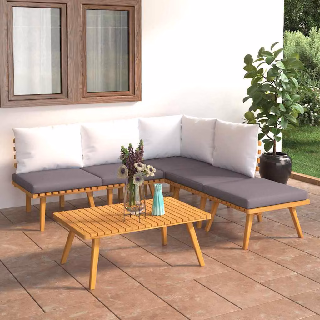 Set di divani da giardino vidaXL in legno massello di acacia con cuscini, componibile a L, marrone, grigio e bianco