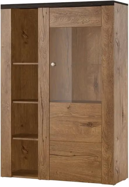 Buffet alto design 1 porta per soggiorno colore quercia e nero effetto legno. collezione SANTIAGO.