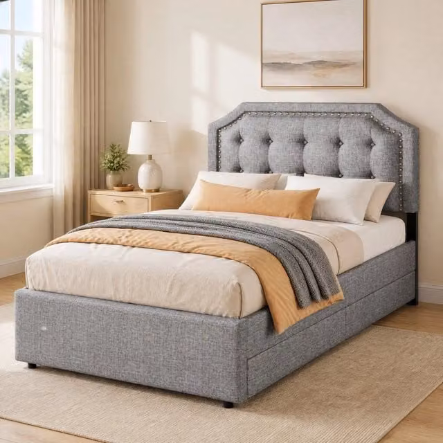 Letto Mivray imbottito con cassetti e testiera regolabile in tessuto grigio, L/P/H: 90 x 200 x 111,5 cm