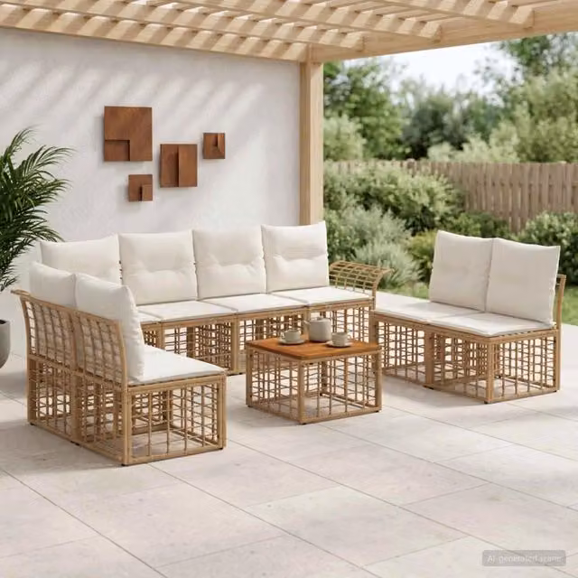 Set di divani da esterno 9 pz 8-Posti Naturale e Bianco Crema 3437674