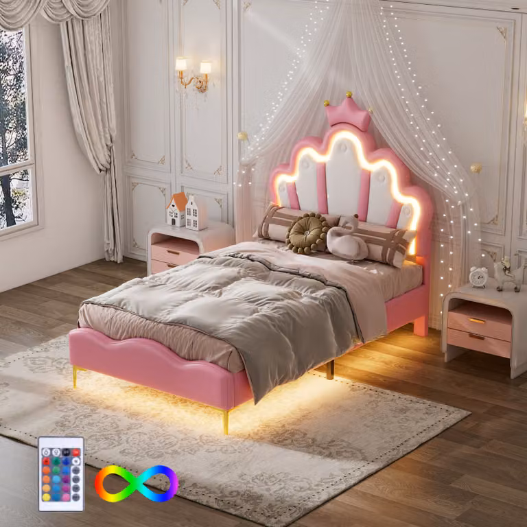 Letto imbottito Okwish 90 x 200 cm con testiera a , ecopelle, illuminazione a LED, bianco