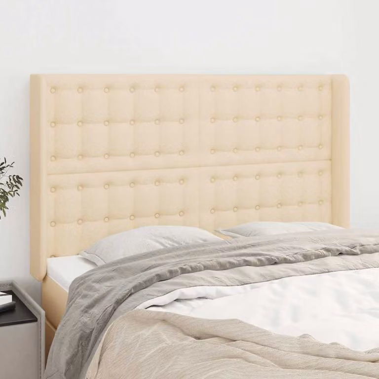 Testiera ad orecchio vidaXL in tessuto beige con struttura in legno L: 147 cm, P: 16 cm, H: 118-128 cm