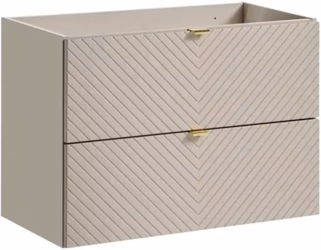 Mobile sottolavabo AOKI – 2 cassetti – Finitura beige cachemire con motivi a spina di pesce e maniglie dorate – L80 × P39 × H57 cm – Da appendere