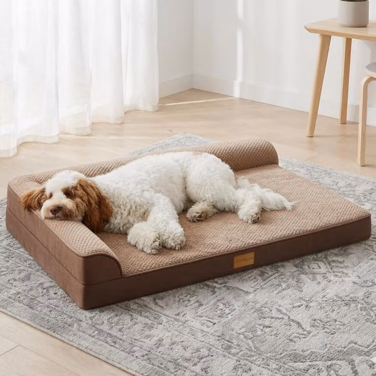 Cuccia ortopedica per cani, 122x76 cm, marrone, a forma di L, imbottitura in schiuma spessa 9 cm