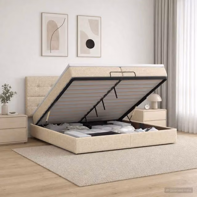 Letto ottomano moderno vidaXL con base a sollevamento e materasso, colore beige e bianco, L/P/H: 200 x 200 x 88 cm