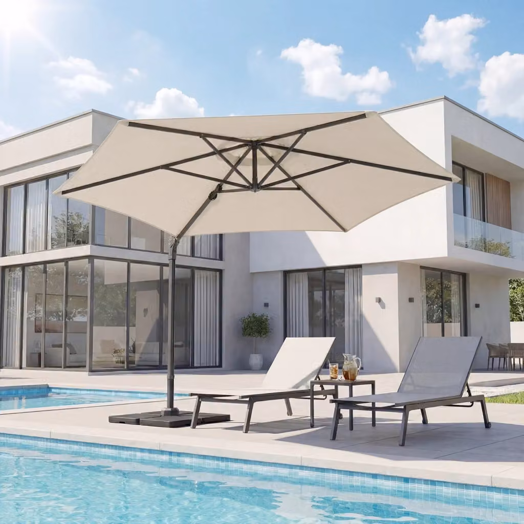 Ombrellone da giardino decentrato con manovella e rotazione a 360 gradi, colore beige, diametro 300 cm, con base a croce e sacchi di sabbia – 2