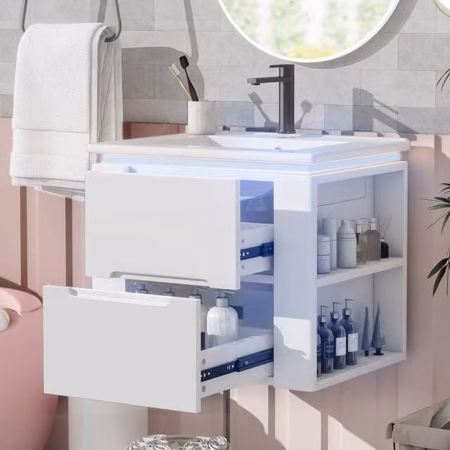 Mobile bagno sospeso moderno in MDF bianco con lavabo in ceramica, illuminazione LED integrata e 2 cassetti, L: 61 cm, P: 46 cm, H: 48.5 cm
