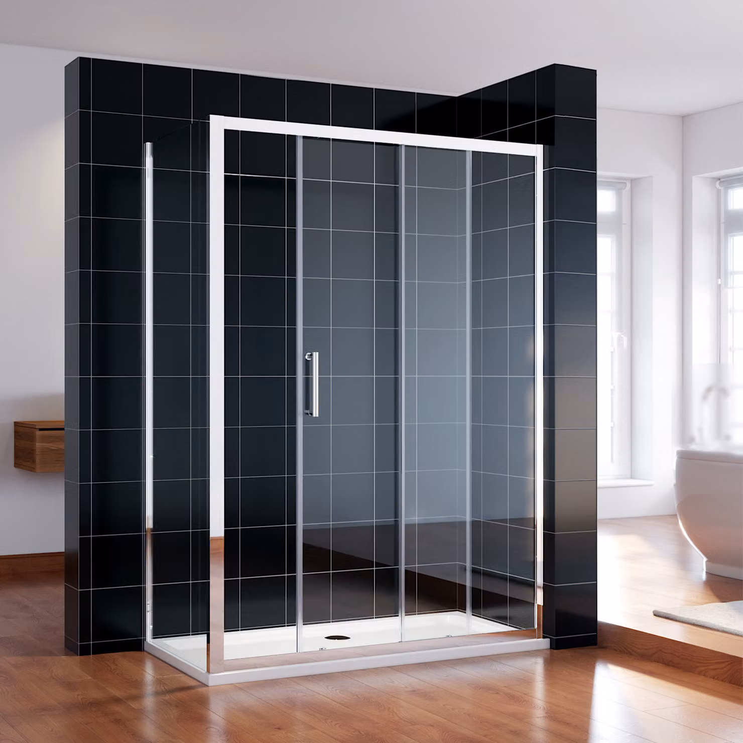 SONNI 160x185cm porta scorrevole doccia in vetro trasparente con pannello laterale da 70cm