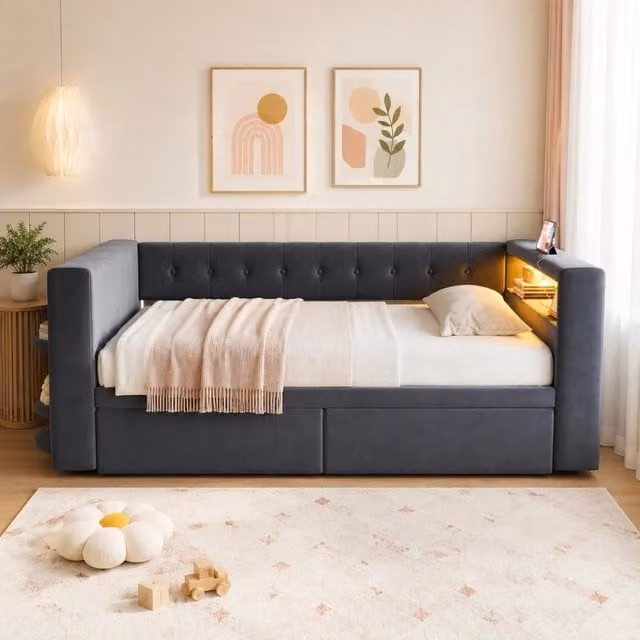 Divano letto ULEVR 90x190 cm con LED multicolore, presa integrata, 2 cassetti e vani portaoggetti, grigio scuro