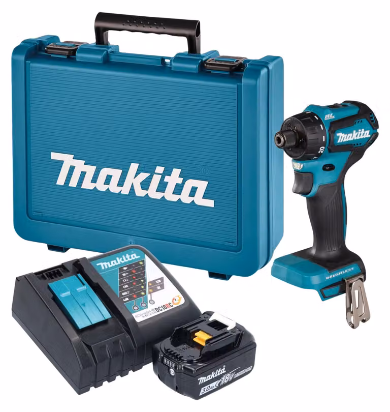 Trapano avvitatore a batteria Makita DDF 083 RF1E 18 V 40 Nm 1/4'' brushless + 1 batteria da 3,0 Ah + caricabatterie + valigetta