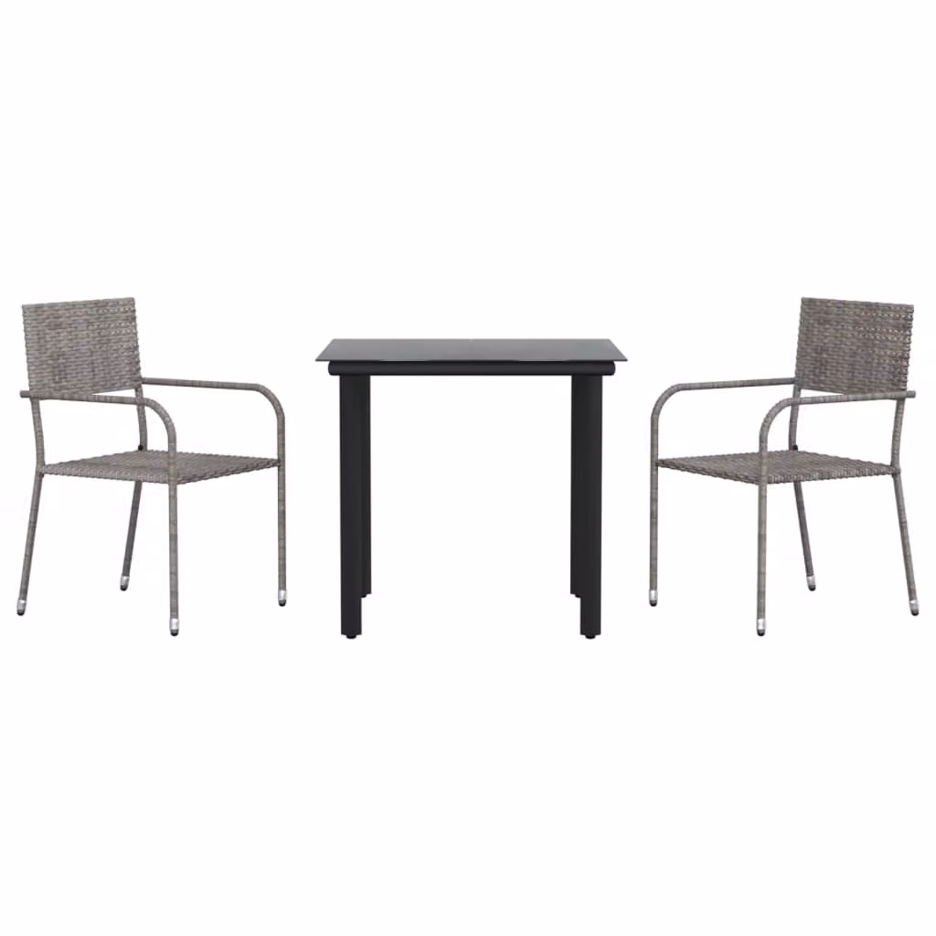 set da pranzo da giardino 3 pezzi in polirattan grigio e nero e acciaio