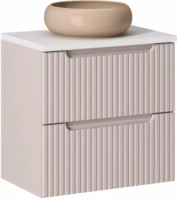 Set VANO cashmere e bianco 60cm: mobile sottolavabo con cassetti + piano per lavabo + lavabo da appoggio marrone cappuccino