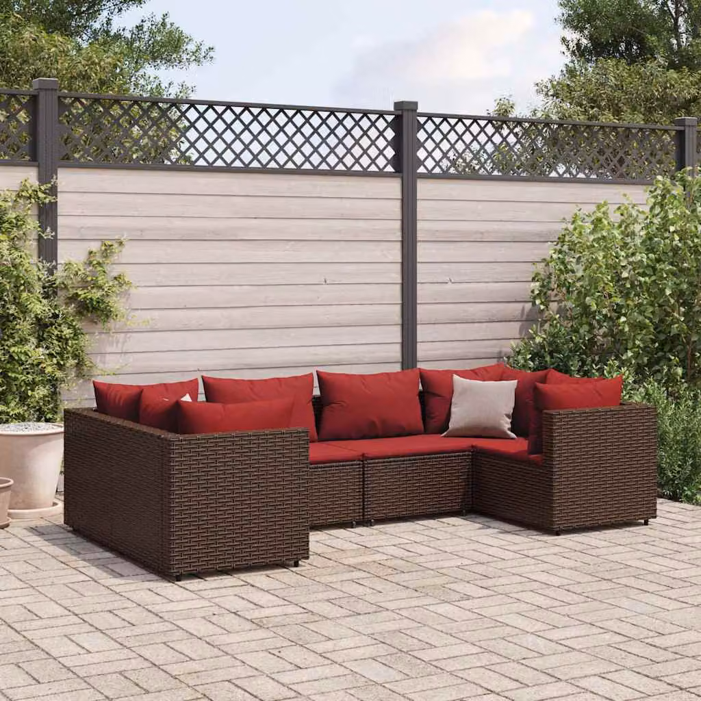 vidaXL Set di Divani da Giardino a L in Polyrattan Marrone con Cuscini e Struttura in Acciaio – 1