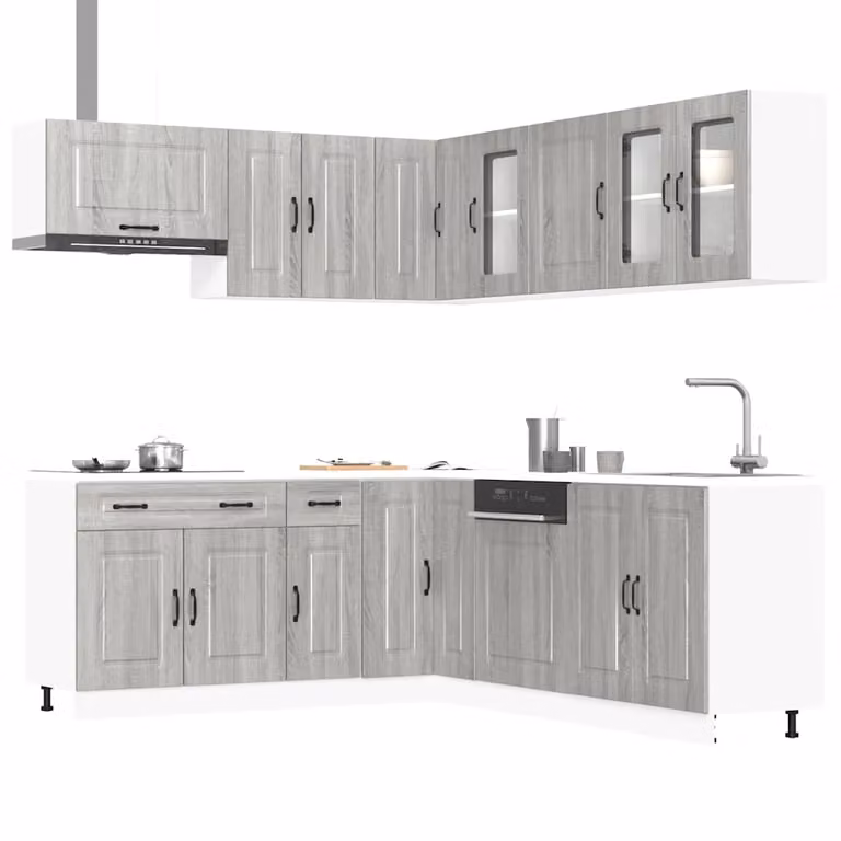 Set di mobili da cucina moderno Kalmar di vidaXL, 11 pezzi, colore grigio, con ante a cerniera e ripiani aperti