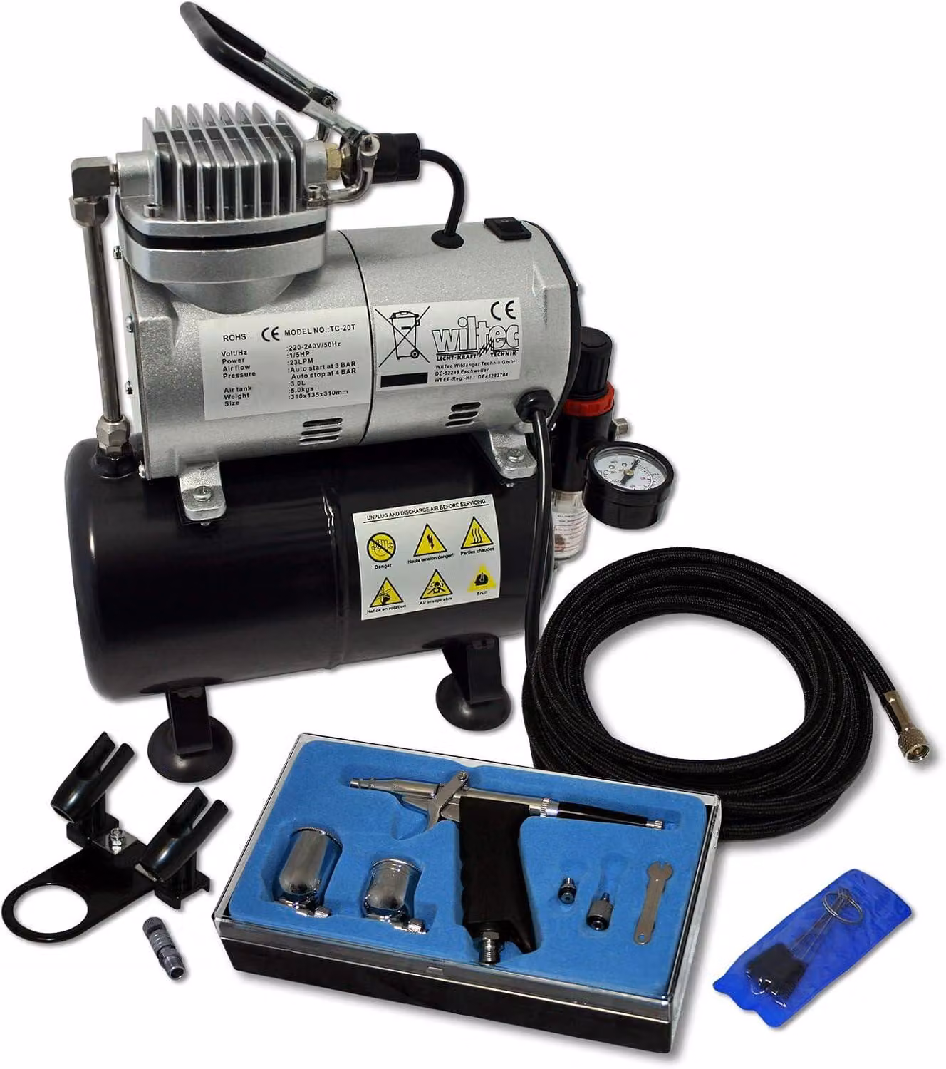 Kit compressore per aerografo per principianti, completo di serbatoio, 1 pistola aerografo e accessori vari