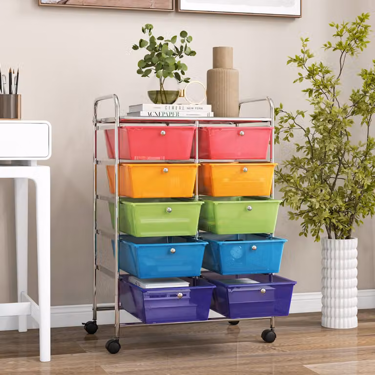 Carrello organizzatore multiuso Costway con 10 cassetti e ruote, ideale per ufficio e scrapbooking, multicolore
