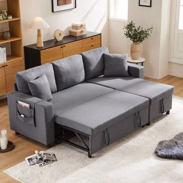 Divano letto angolare reversibile REDOM in tessuto grigio con cuscini L/P/H: 219,5 x 142,5 x 83 cm