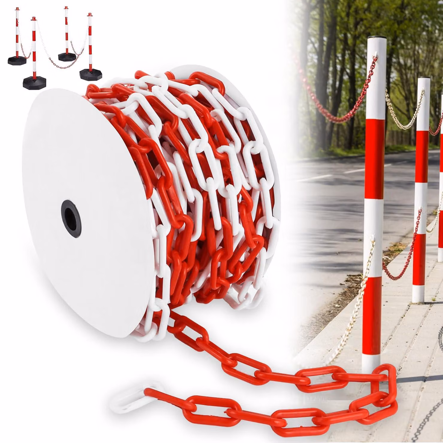Catena di delimitazione in plastica, rosso e bianco, 25 metri, 8 mm di spessore